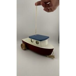 Vintage Hand-Painted Wooden Tugboat Ornament, Nautical Decor